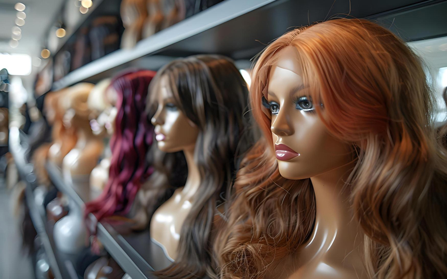 Diverse Wigs on Mannequins in Store Display