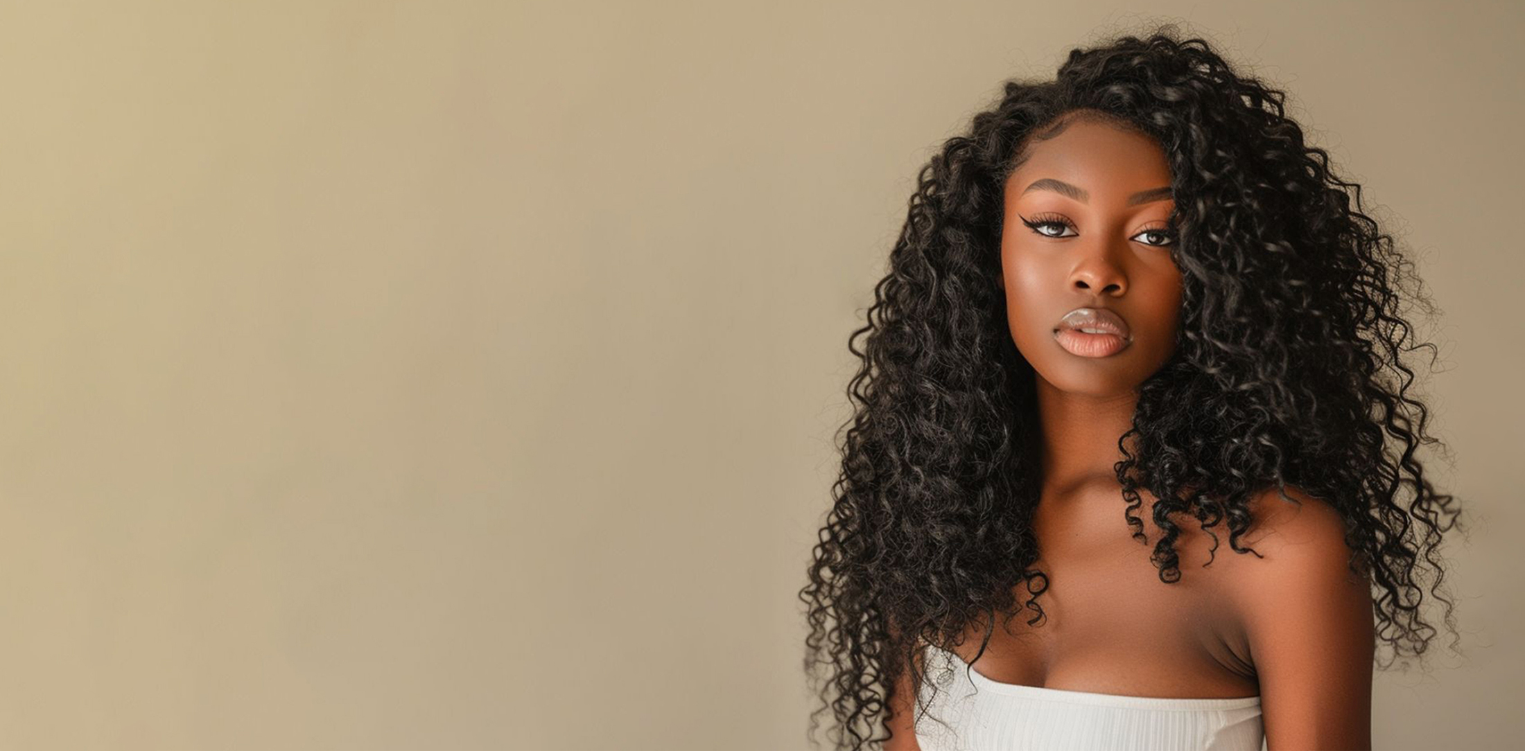 Black, African-American woman wearing a full frontal lace wig with a deep wave