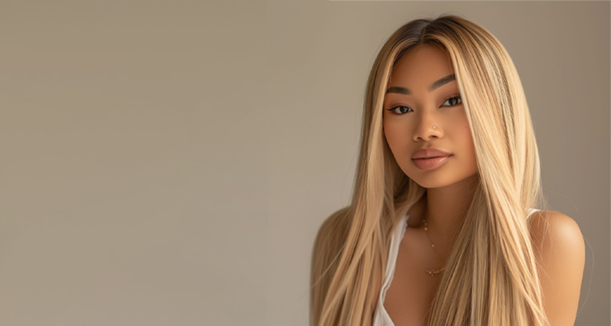 Asian-American woman wearing a full frontal lace straight wig