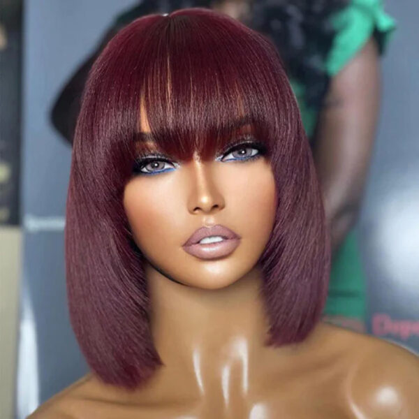 150% Density Lace Closure Burgundy 99J Bob Wig Straight Human Hair With Bangs