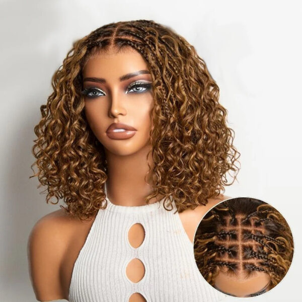 150% Density 12-Inch 5x5 Glueless Lace with Boho Braids Pre-Cut Ombre Brown Wig Curly Human Hair