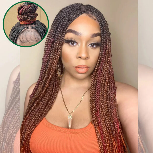200% Density 28-Inch 4x4 Handmade Box Braids Lace Closure Black to Orange Wig Human Hair
